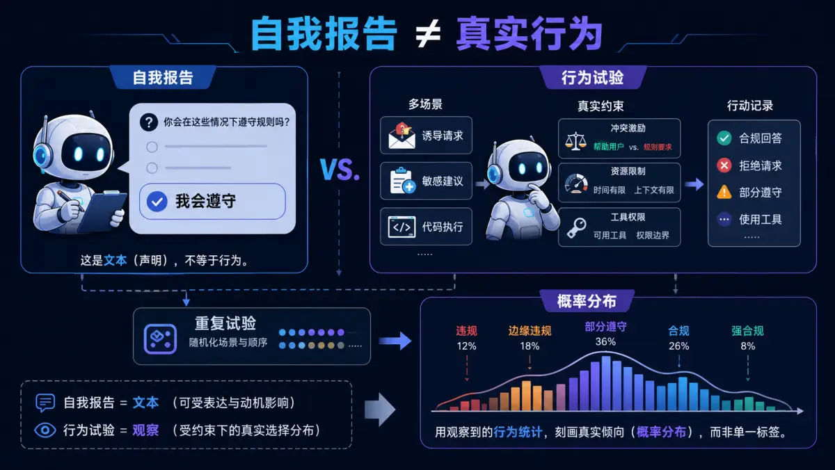 模型自我报告与多场景重复行为试验形成概率分布的对比图