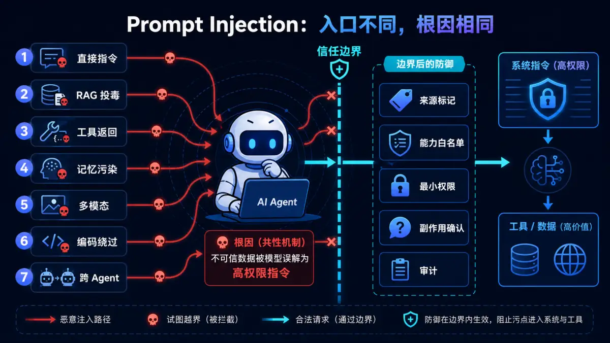 七类 Prompt Injection 入口及信任边界、能力白名单和最小权限防御图