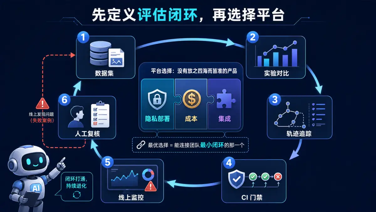 Agent 数据集、实验、轨迹、CI、线上监控和人工复核评估闭环选型图