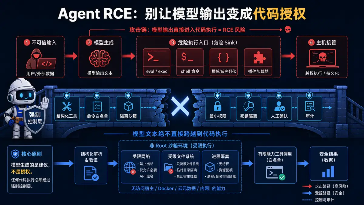 不可信输入经模型输出进入危险执行入口及结构化工具和隔离沙箱阻断图