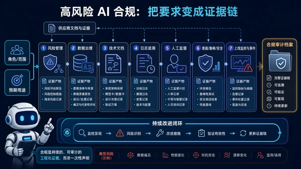 高风险 AI 从角色范围到风险、数据、日志、监督、安全和上线监控的合规证据链图