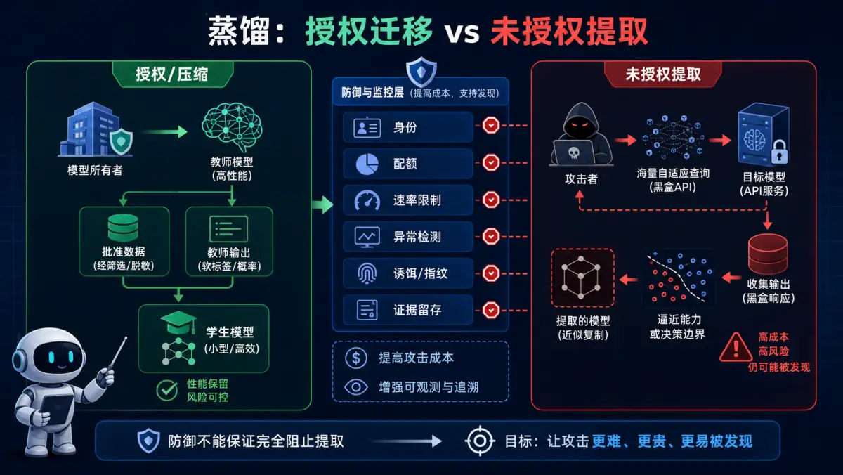 授权模型蒸馏压缩与黑盒自适应查询进行未授权能力提取的对比图