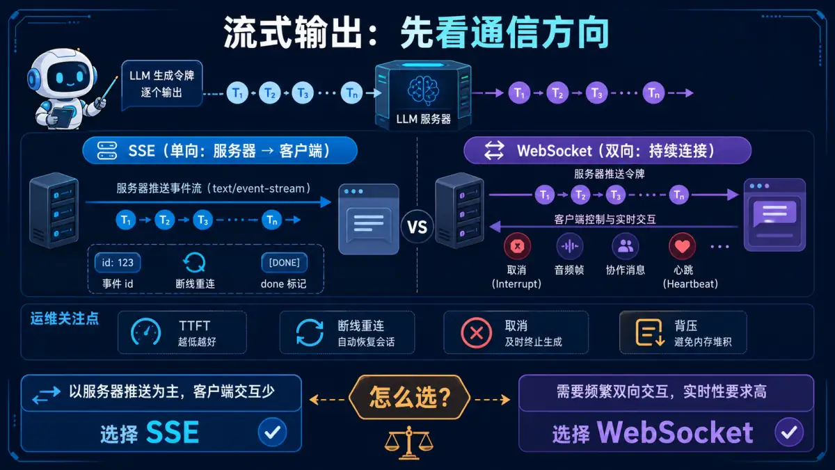 LLM 流式输出按单向推送和双向实时交互选择 SSE 或 WebSocket 图