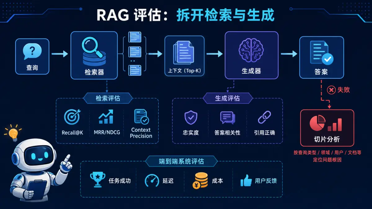 RAG 检索指标、生成指标与端到端业务指标分层评估图