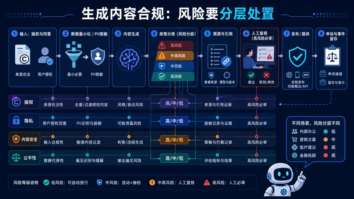 AI 生成内容从版权同意、隐私最小化、风险分类到人工复核和申诉留存的分层治理图