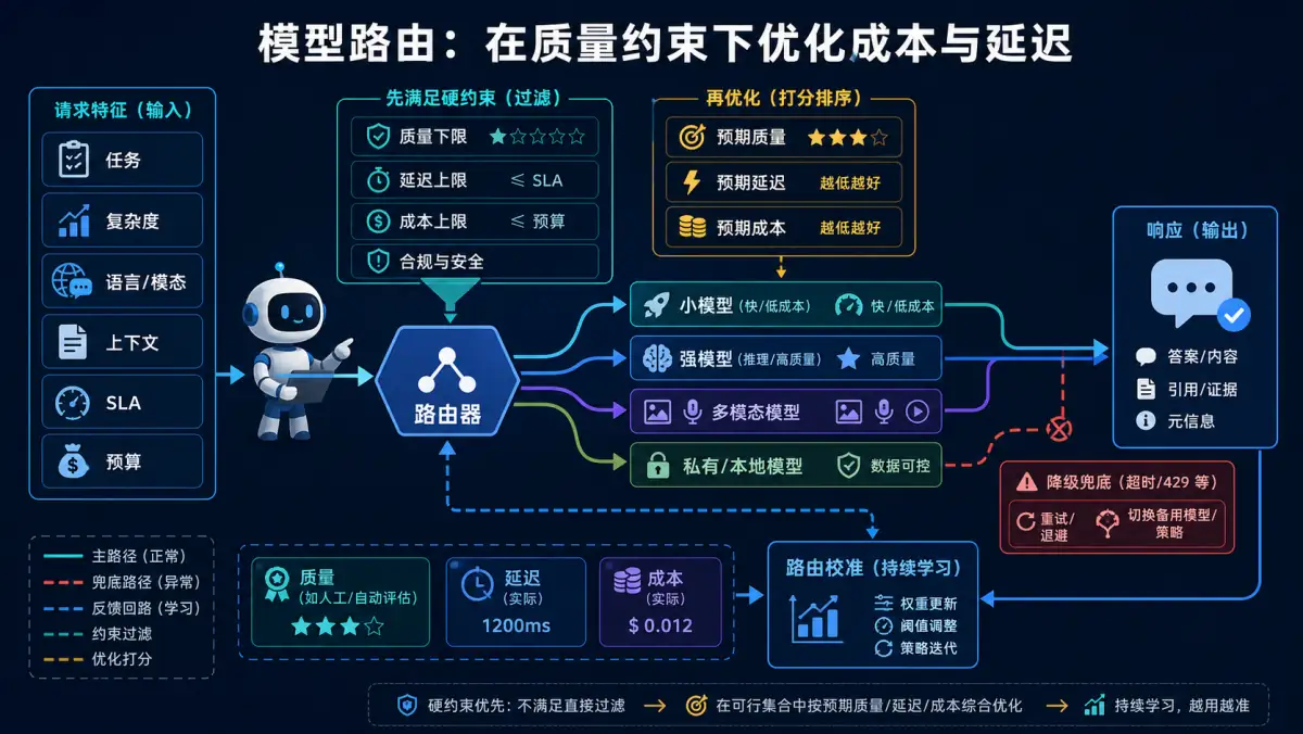 模型路由按任务、复杂度、模态、SLA 和预算先过滤硬约束再优化质量成本延迟图