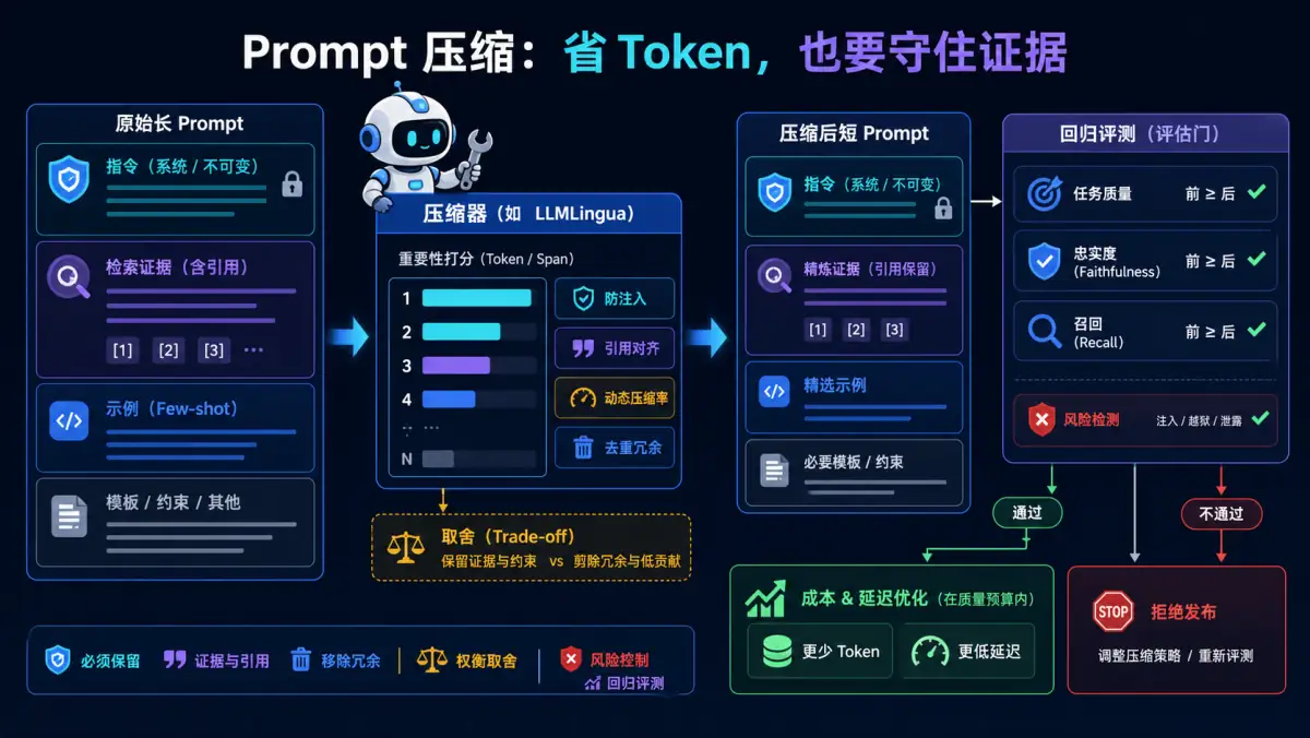 Prompt 压缩保留系统指令与引用证据并通过质量忠实度召回率回归评测图