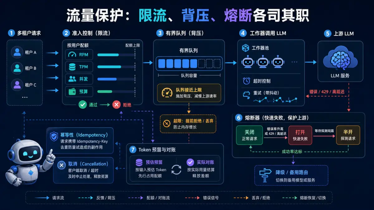 LLM API 多租户配额限流、有界队列背压和熔断降级协同保护图