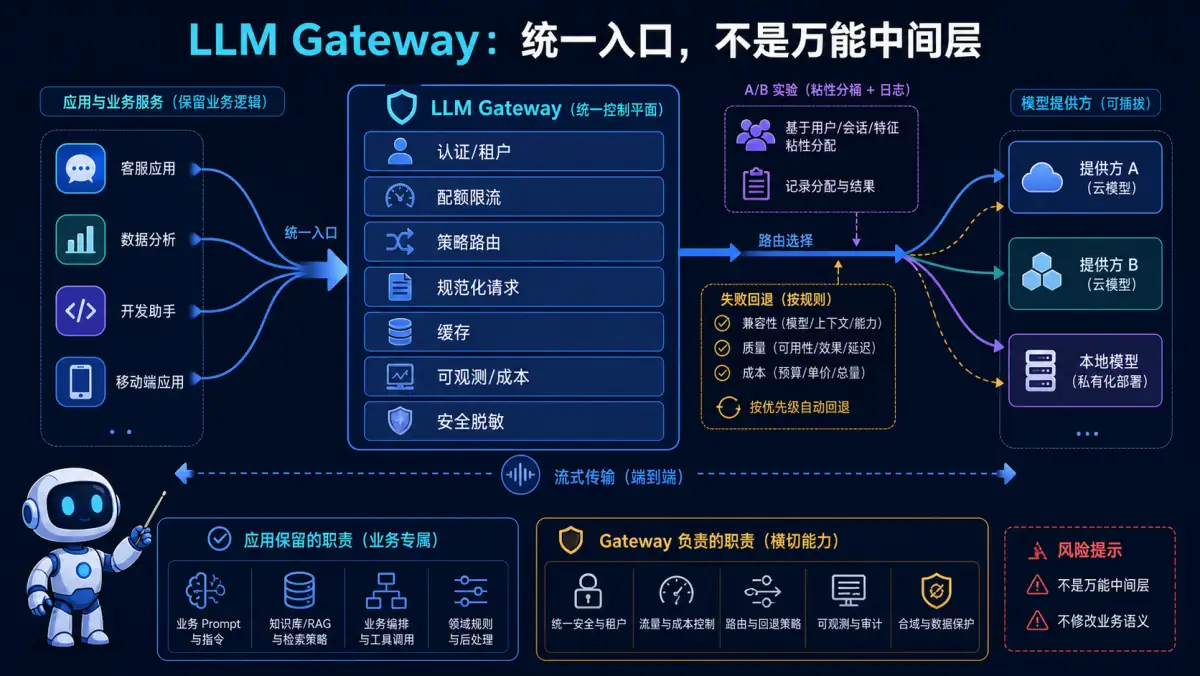 LLM Gateway 统一认证配额路由缓存观测和安全能力并连接多模型提供方图