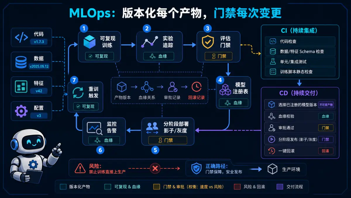 MLOps 对代码数据特征配置版本化并经训练评估注册灰度监控回训的 CI CD 闭环图