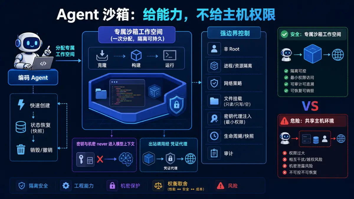 编码 Agent 在非 Root、网络文件受限且密钥代理注入的专属隔离沙箱中工作图