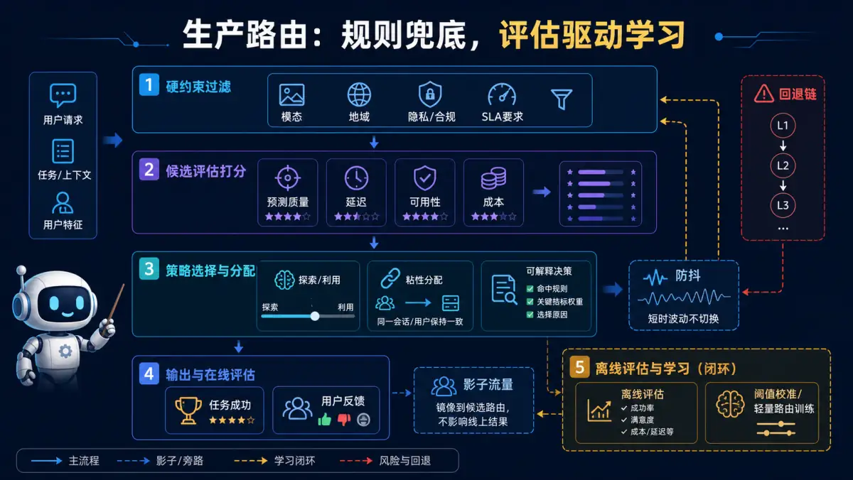 生产模型路由经硬约束过滤、候选评分、策略分配和离线评估学习的闭环图