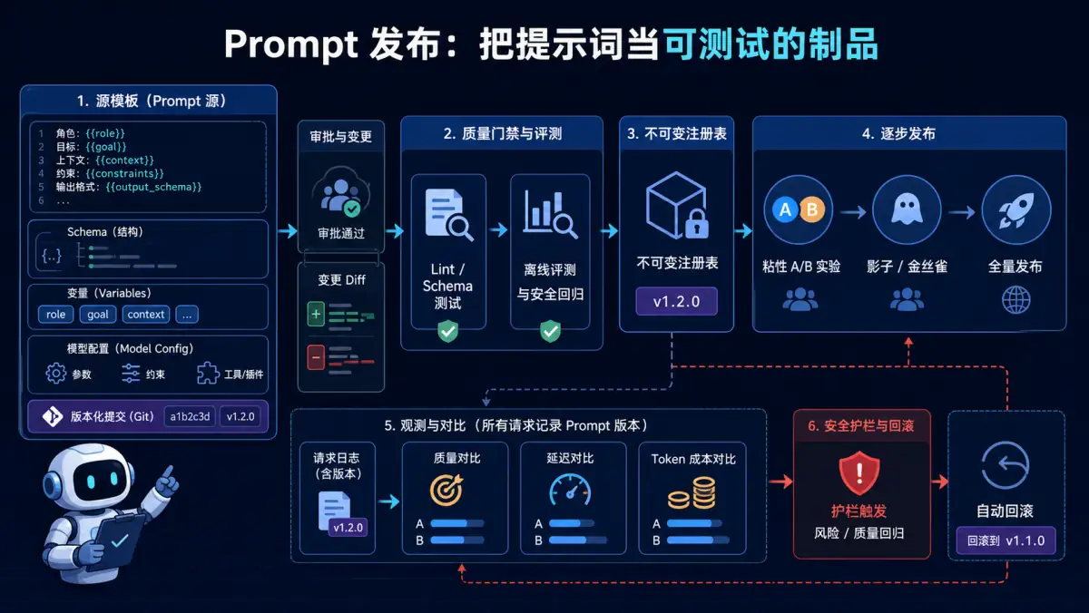 Prompt 模板、变量契约和模型配置经测试注册、粘性实验、灰度发布与自动回滚图
