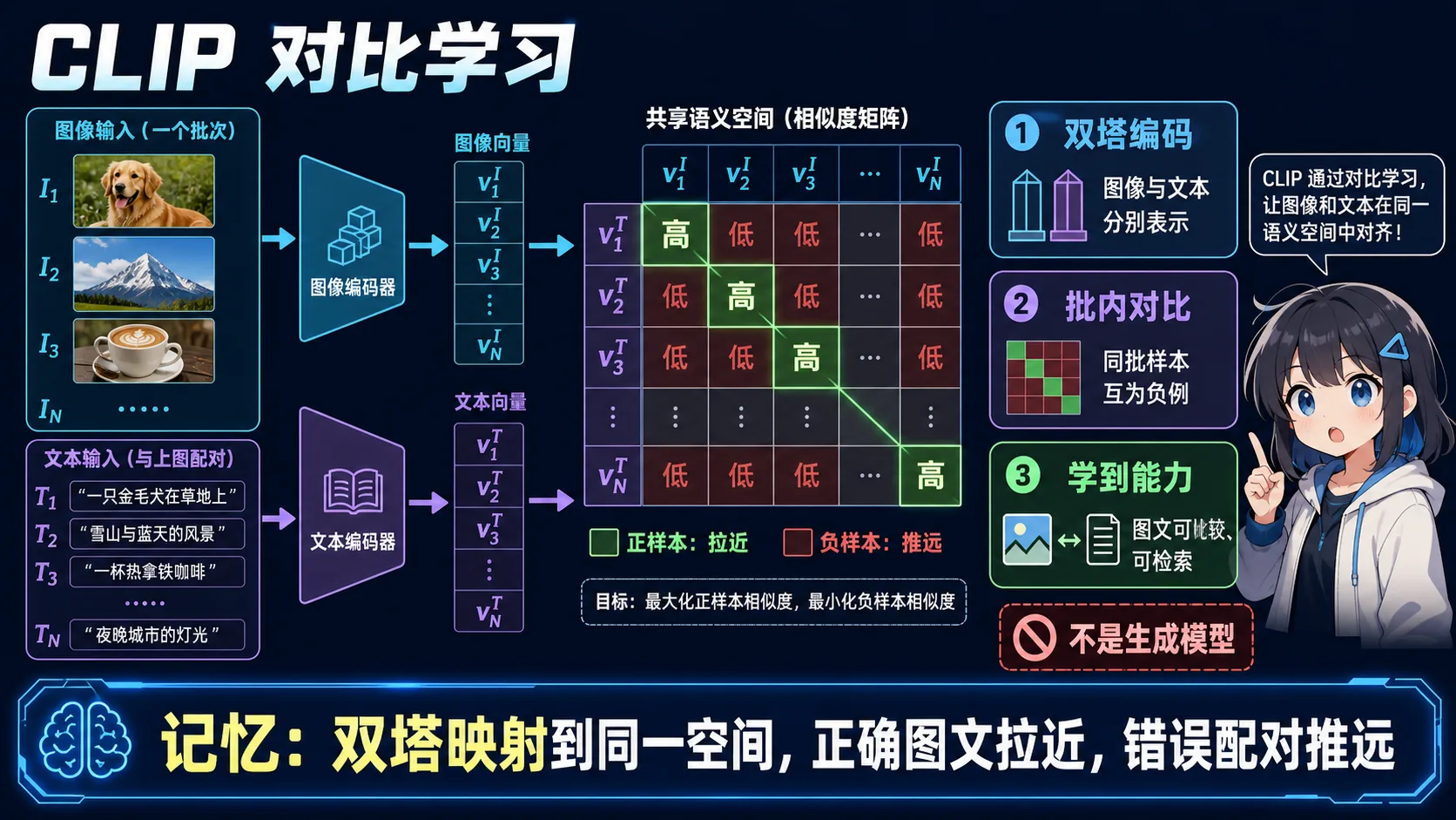 CLIP 对比学习图解:图像与文本双编码器进入共享空间,匹配图文对拉近、错配样本推远