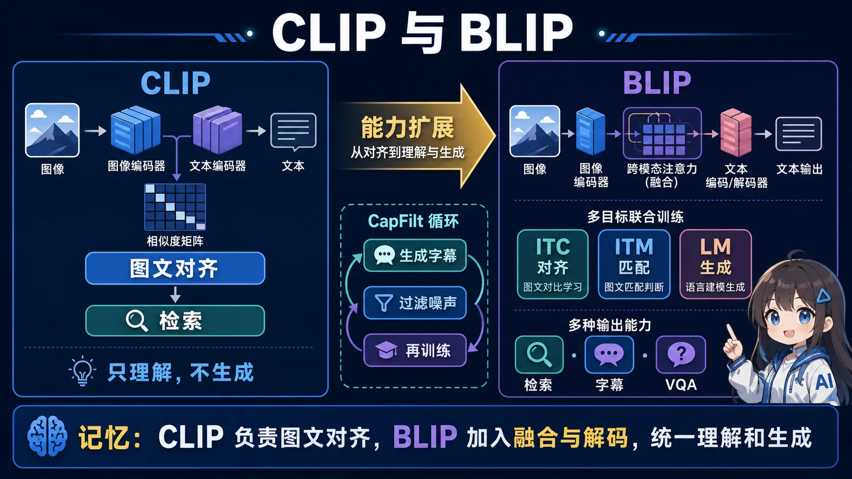 CLIP 与 BLIP 对比图解:CLIP 侧重图文对齐与检索,BLIP 增加跨模态融合、文本解码和 CapFilt 数据自举