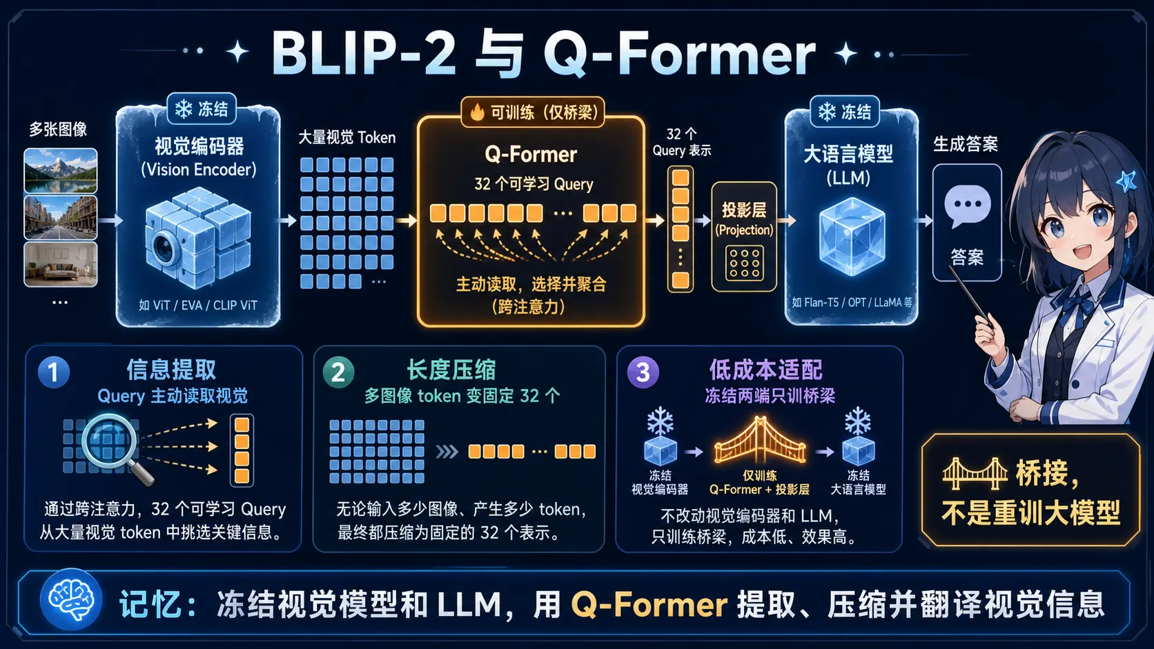 BLIP-2 Q-Former 图解:冻结视觉编码器与语言模型,用可学习查询提取并压缩视觉信息后桥接到 LLM
