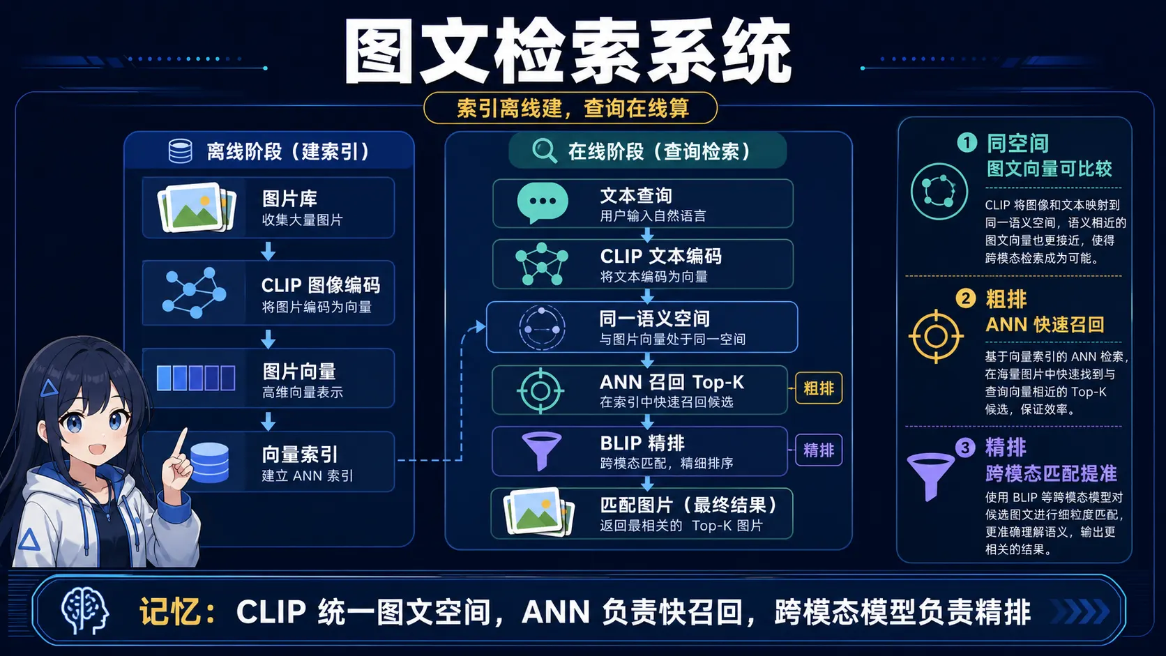 图文检索系统图解:离线编码图片并建立向量索引,在线编码文本后 ANN 召回并用跨模态模型精排