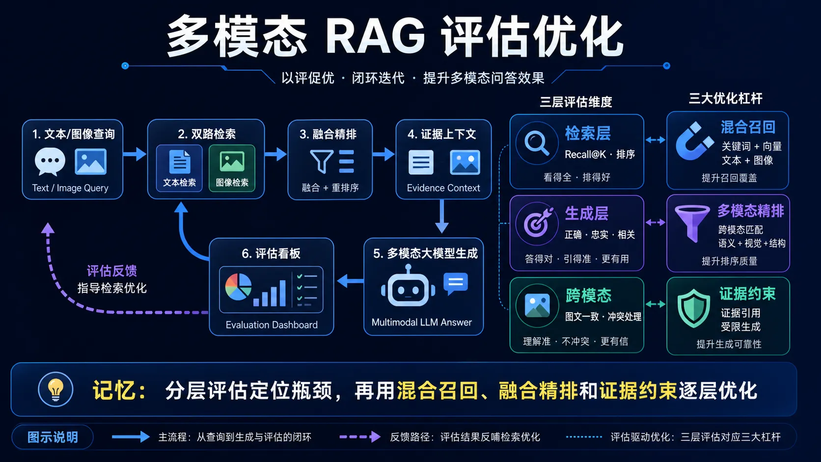 多模态 RAG 评估优化图解:分别评估检索、生成和跨模态一致性,再通过混合召回、融合精排与证据约束形成反馈闭环