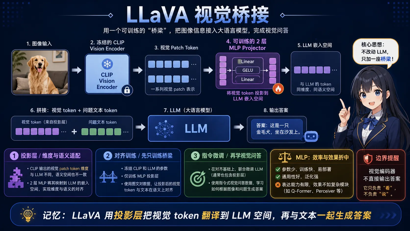 LLaVA 视觉桥接图解:CLIP 提取视觉 token,经可训练 MLP 投影到 LLM 嵌入空间,再与问题文本拼接生成答案