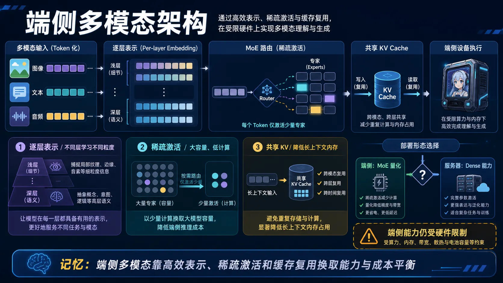 端侧多模态模型通过高效表示、MoE 稀疏激活和 KV 复用平衡能力、延迟与内存