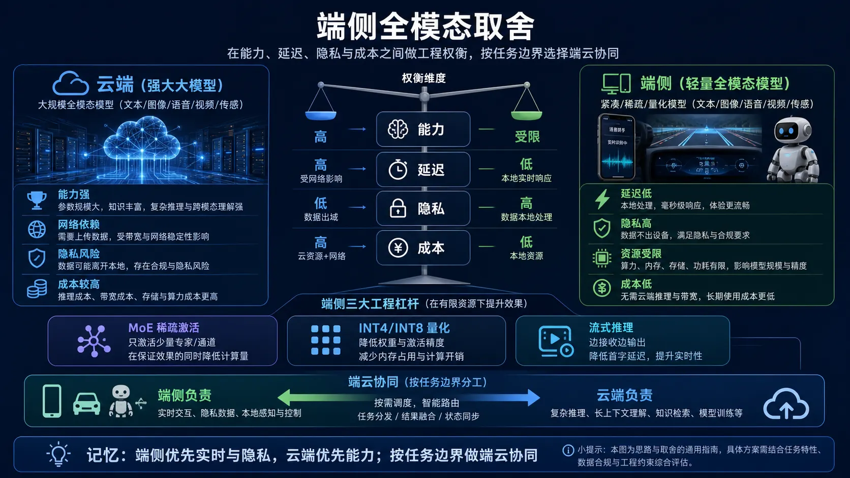 端侧与云端全模态模型通过量化、稀疏激活和路由协同取舍实时性、隐私与能力