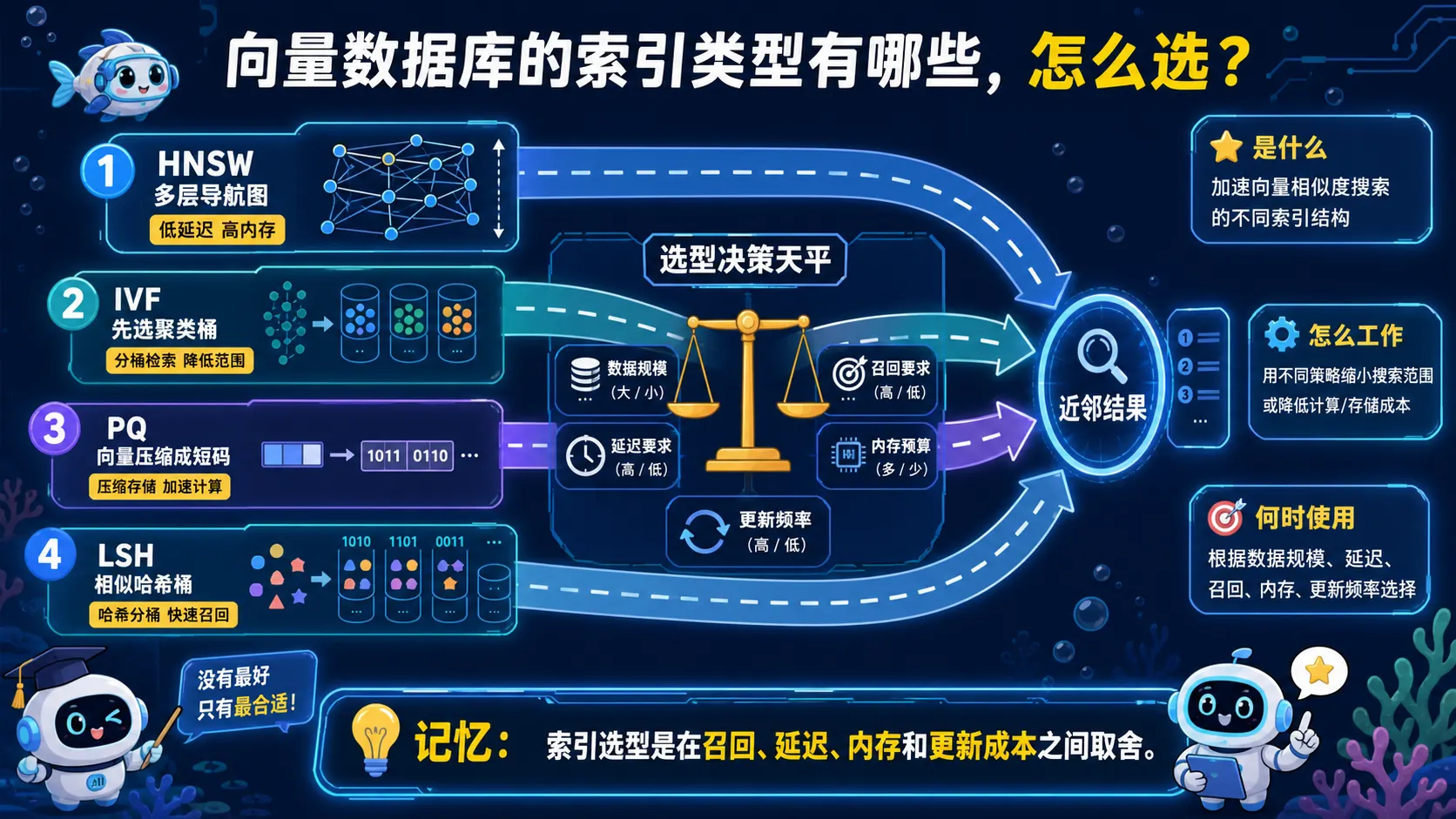 HNSW、IVF、PQ、LSH 向量索引机制及召回延迟内存更新成本选型