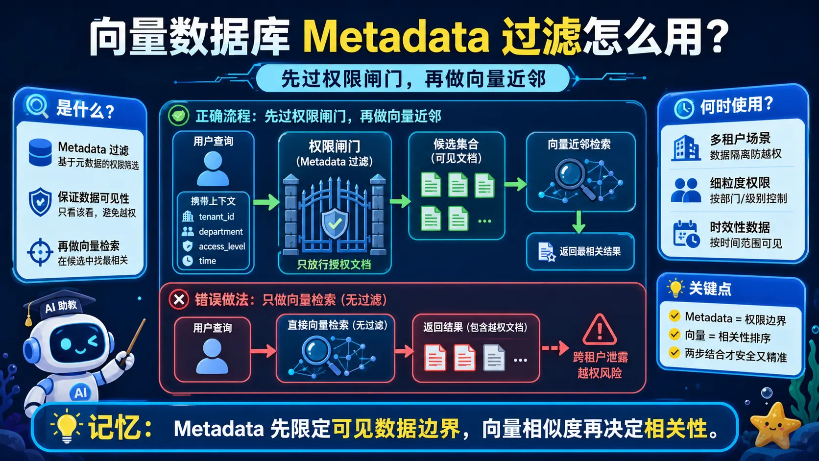 Metadata 过滤先限定租户权限和时间边界,再在可见文档中执行向量近邻检索