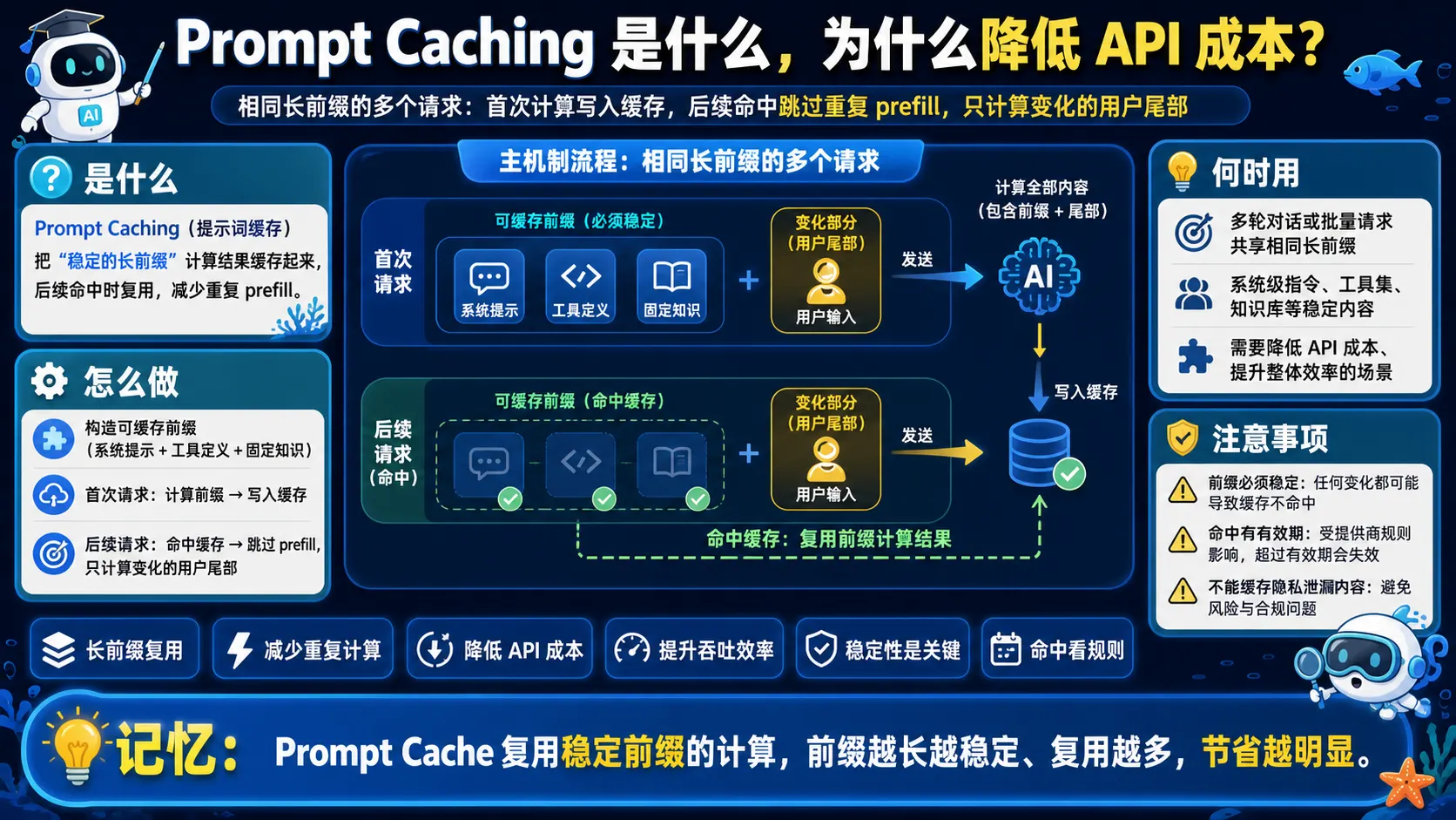 Prompt Caching 首次计算稳定长前缀并在后续请求中复用缓存只计算变化尾部