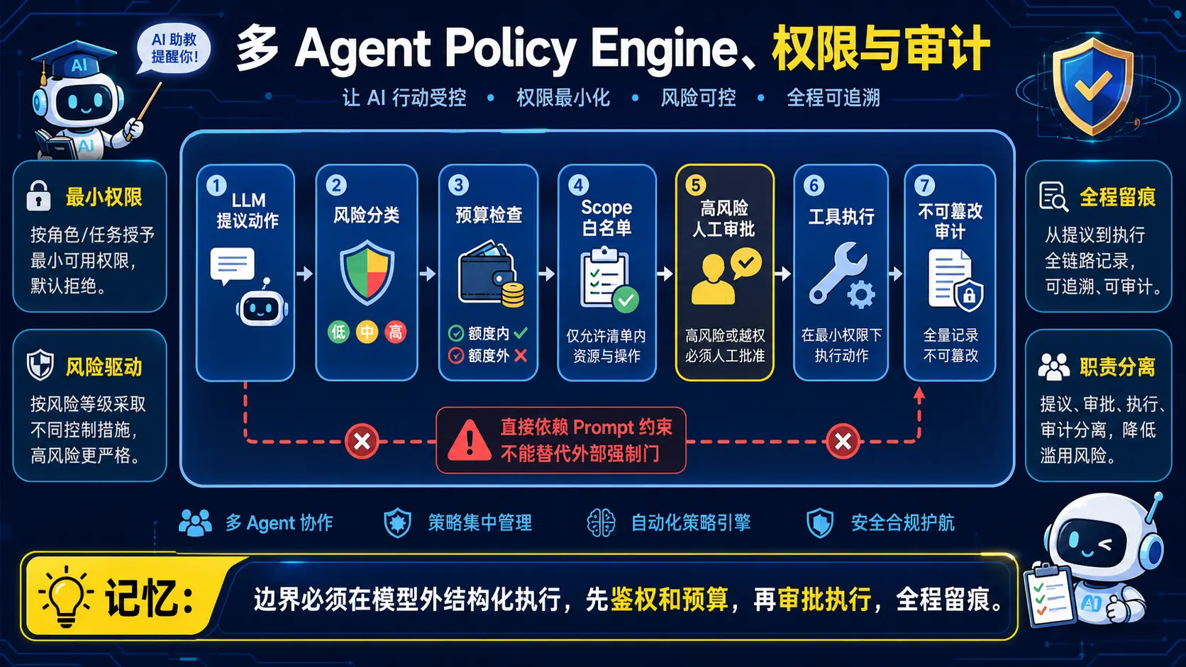 Agent 动作经过风险分类预算 Scope 白名单人工审批工具执行和不可篡改审计的外部强制链路