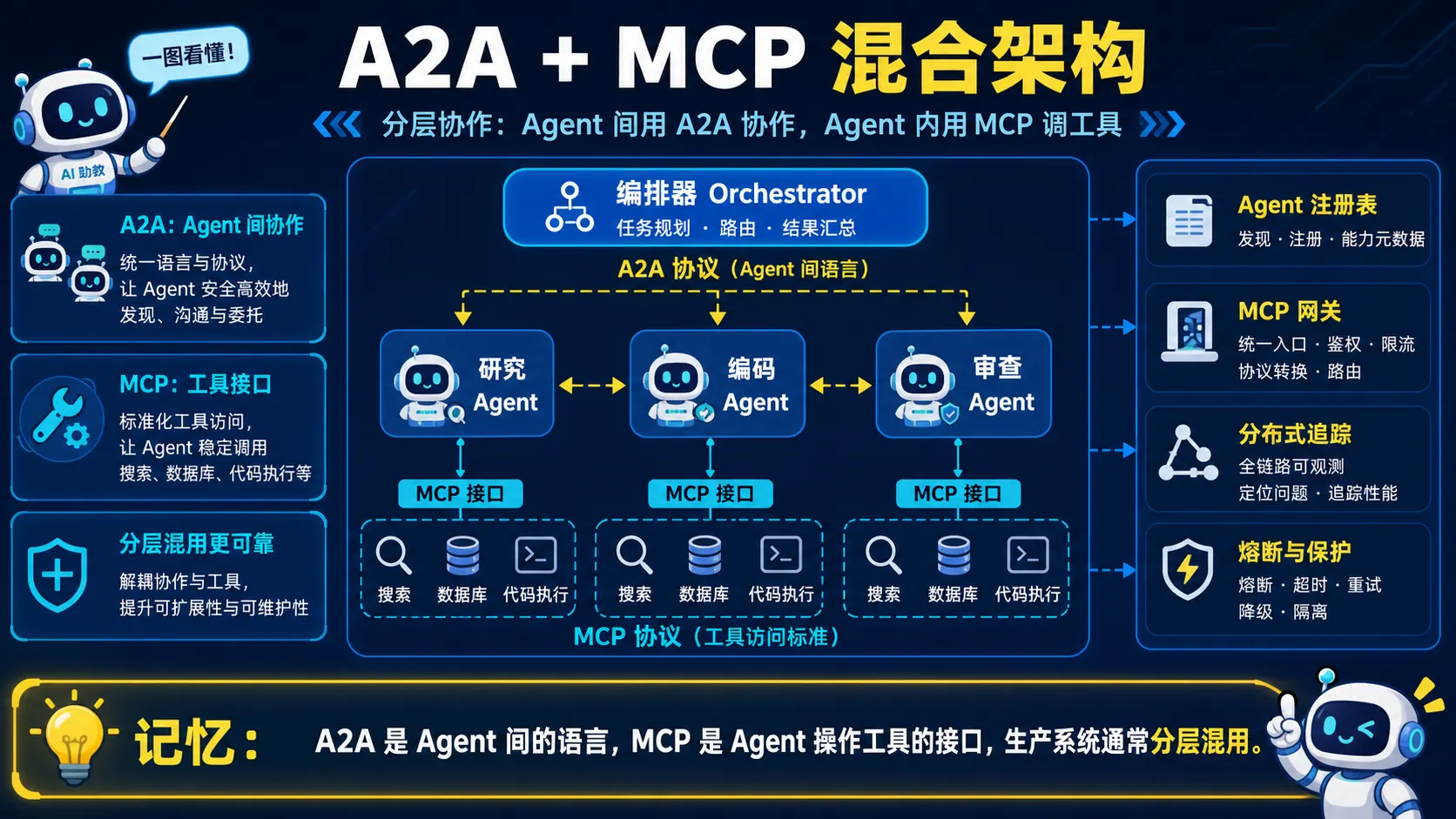 编排器通过 A2A 委托专业 Agent 且每个 Agent 通过 MCP 使用搜索数据库代码工具的混合架构
