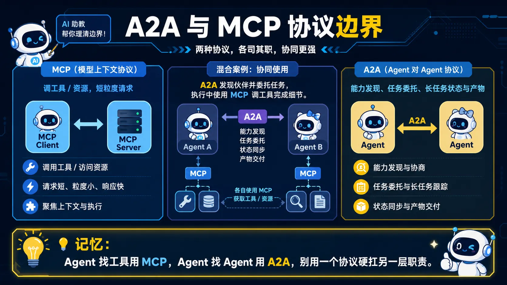 MCP 负责短粒度工具资源调用 A2A 负责能力发现任务委托长任务状态和产物交付
