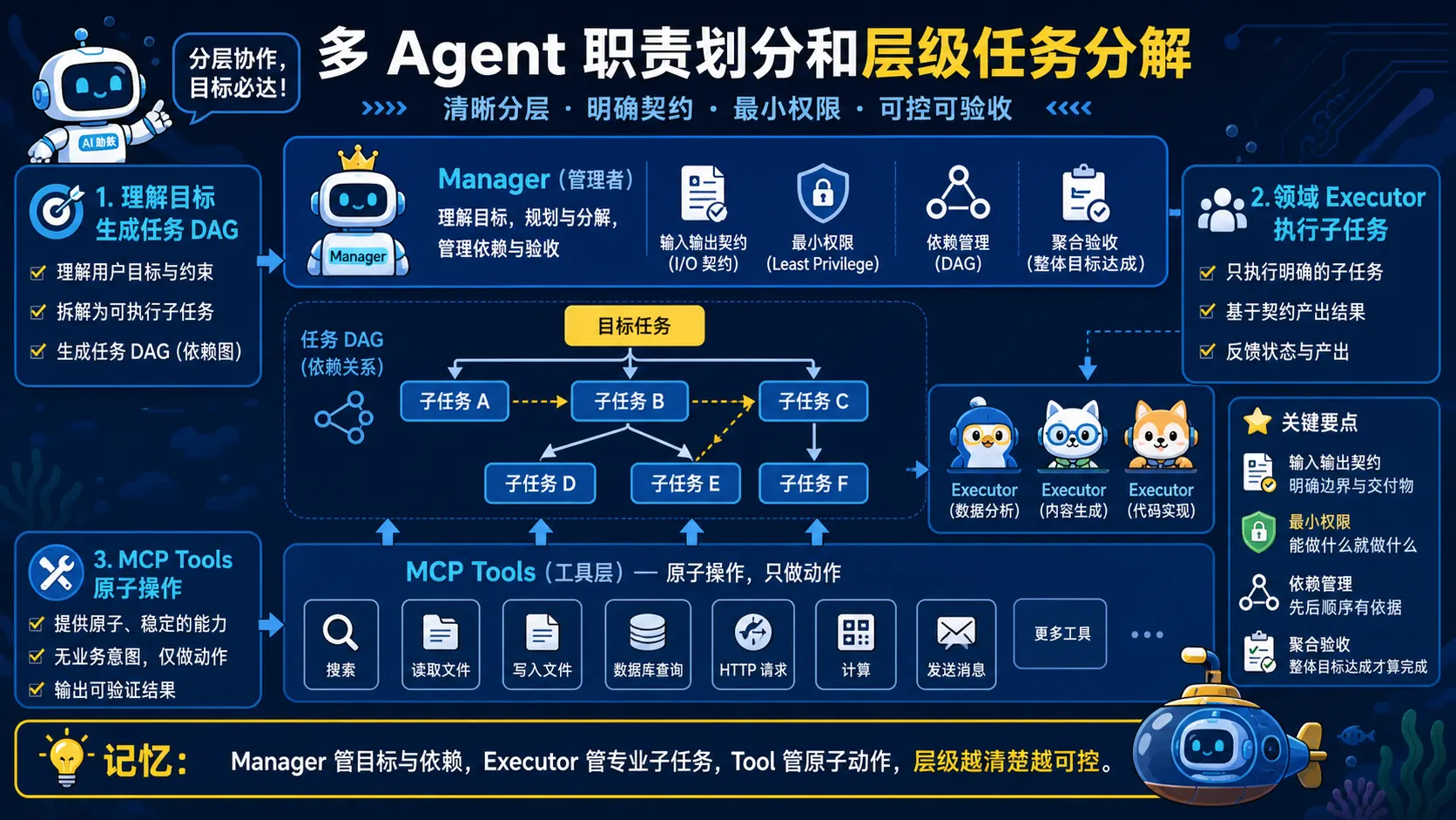 Manager 生成任务 DAG 管理依赖和验收 Executor 执行专业子任务 MCP Tool 完成原子动作