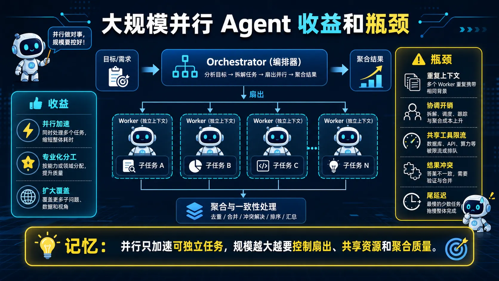 编排器将独立子任务扇出给隔离上下文 Worker 并聚合以及协调共享资源冲突尾延迟瓶颈
