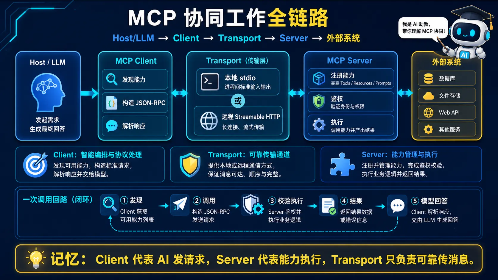 MCP Client Server Transport三层协同图解