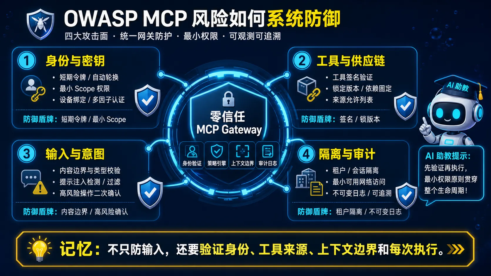 OWASP MCP核心风险与纵深防御图解