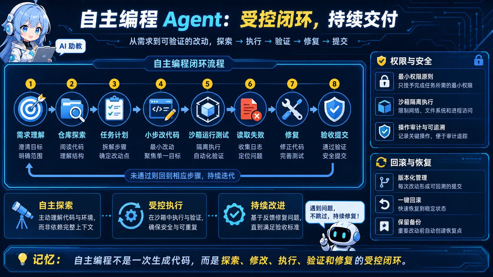 自主编程 Agent 探索、改码、测试、修复与回滚闭环图解