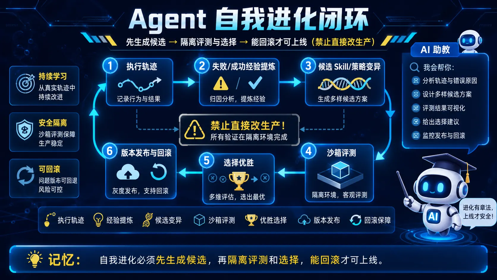 Agent 候选策略生成、隔离评测、选择、发布与回滚进化闭环图解