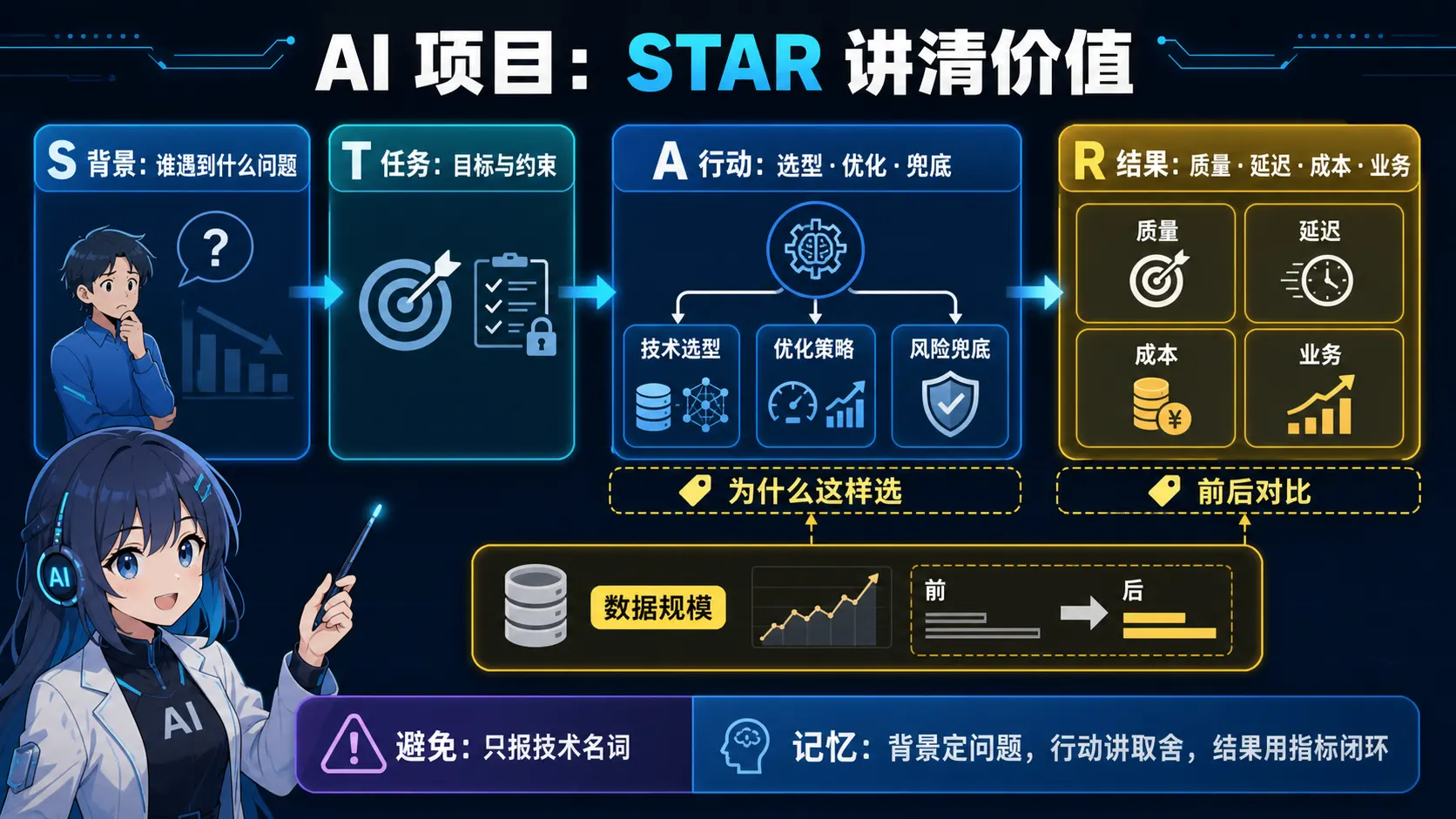 使用STAR法则描述AI项目背景任务行动结果与工程取舍图解