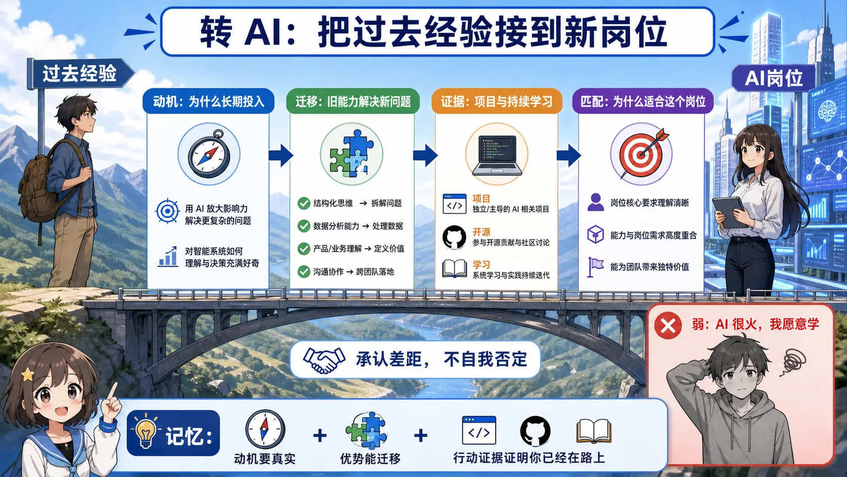 转型AI时连接真实动机可迁移能力行动证据与岗位匹配的回答图解
