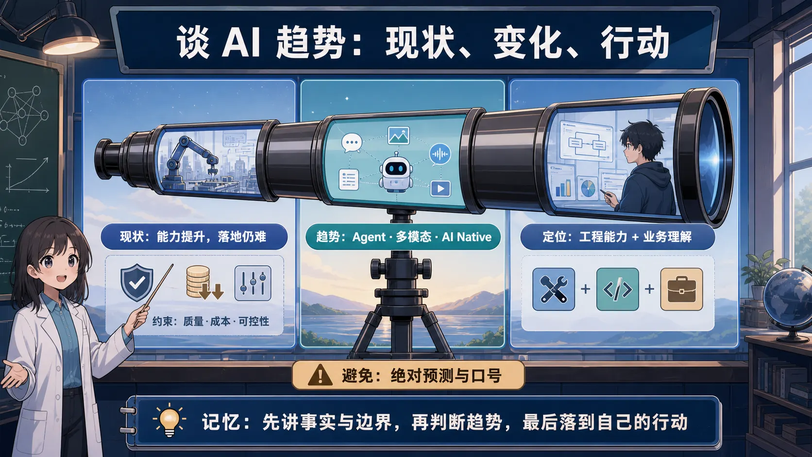 从AI发展现状约束趋势和个人行动形成平衡观点的回答图解