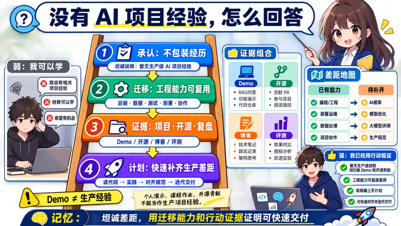 没有生产AI经验时坦诚差距迁移能力展示证据并制定补齐计划的回答图解