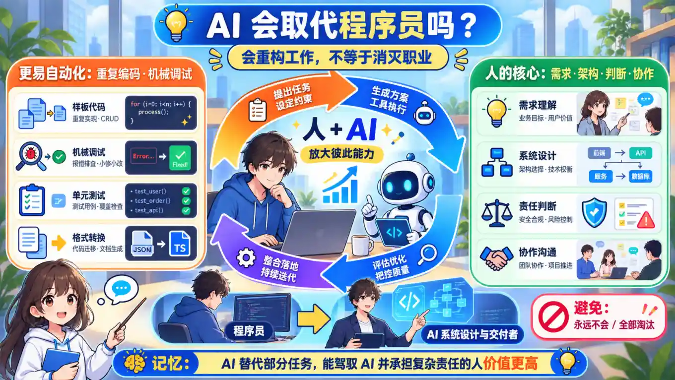 AI自动化部分编程任务同时提升需求架构判断和协作价值的辩证图解