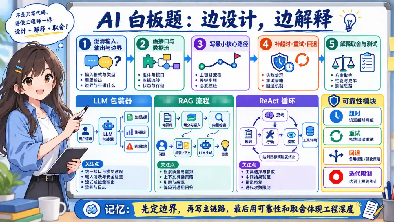 AI白板编程从澄清边界到主链路可靠性取舍和测试的作答流程图解