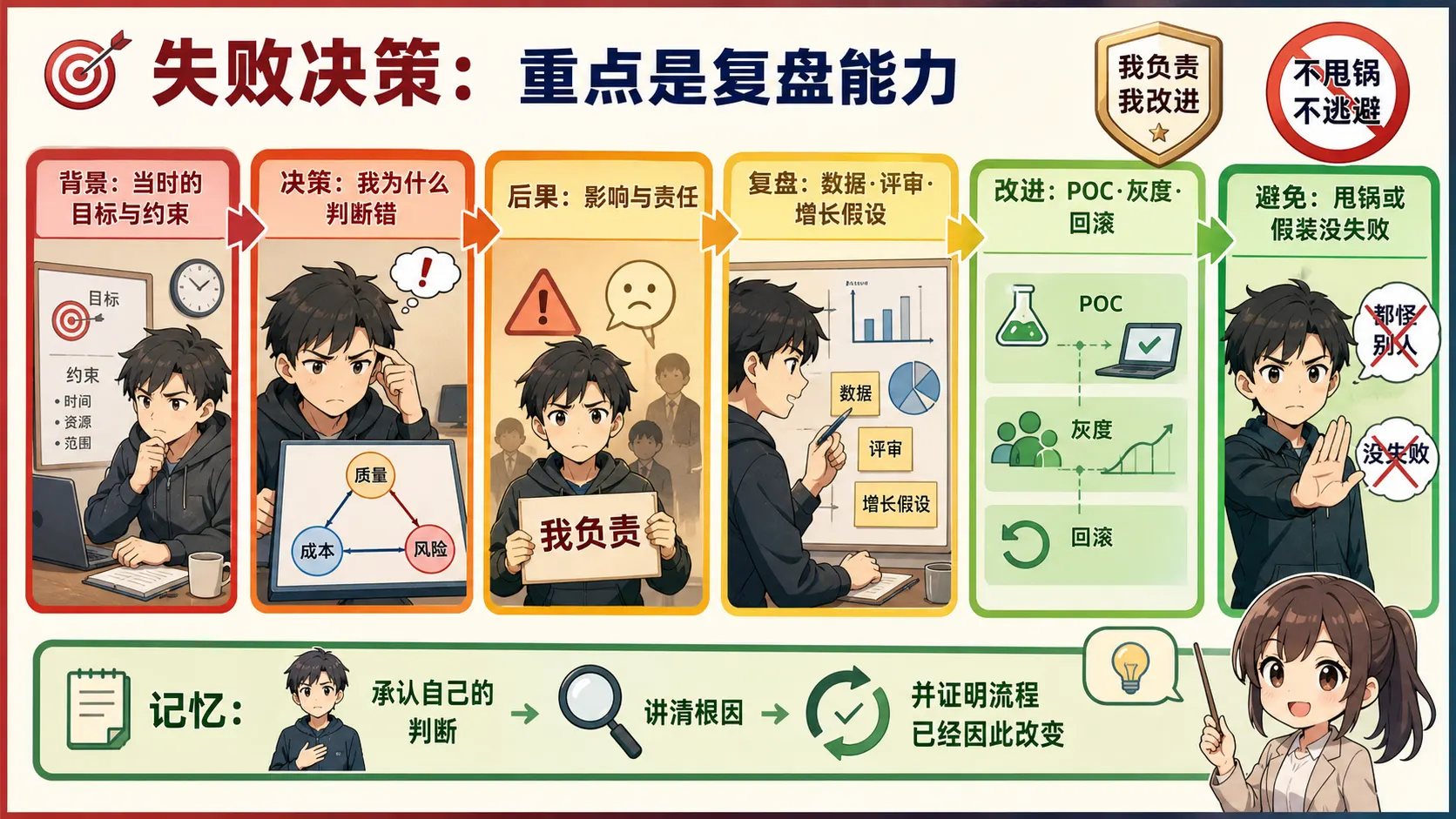 失败技术决策从承担责任到根因复盘流程改进和验证的回答图解