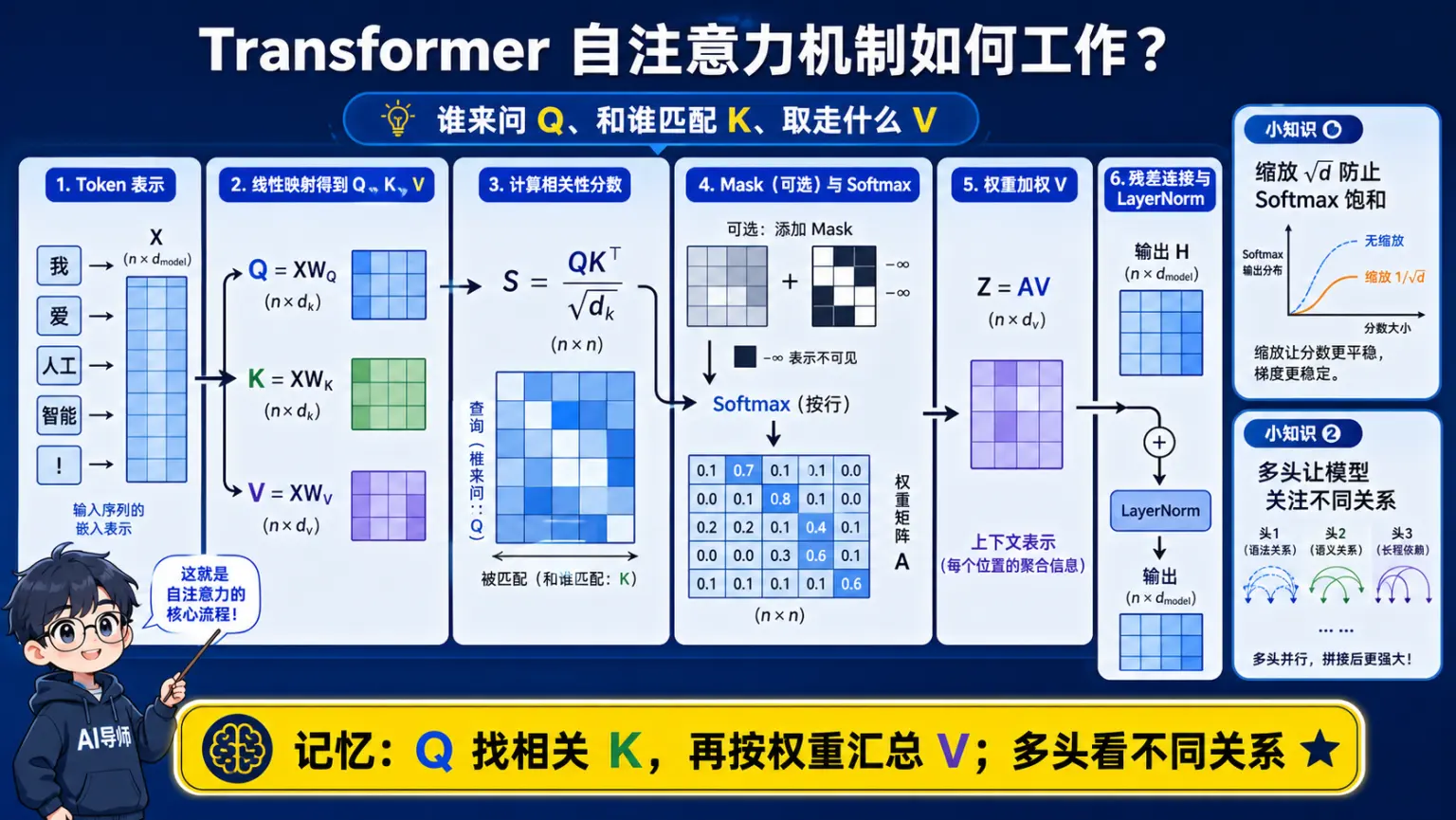 Transformer自注意力从QKV映射到加权汇总的完整机制图解