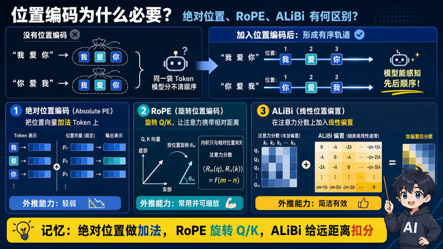 绝对位置编码RoPE和ALiBi机制与外推能力对比图解