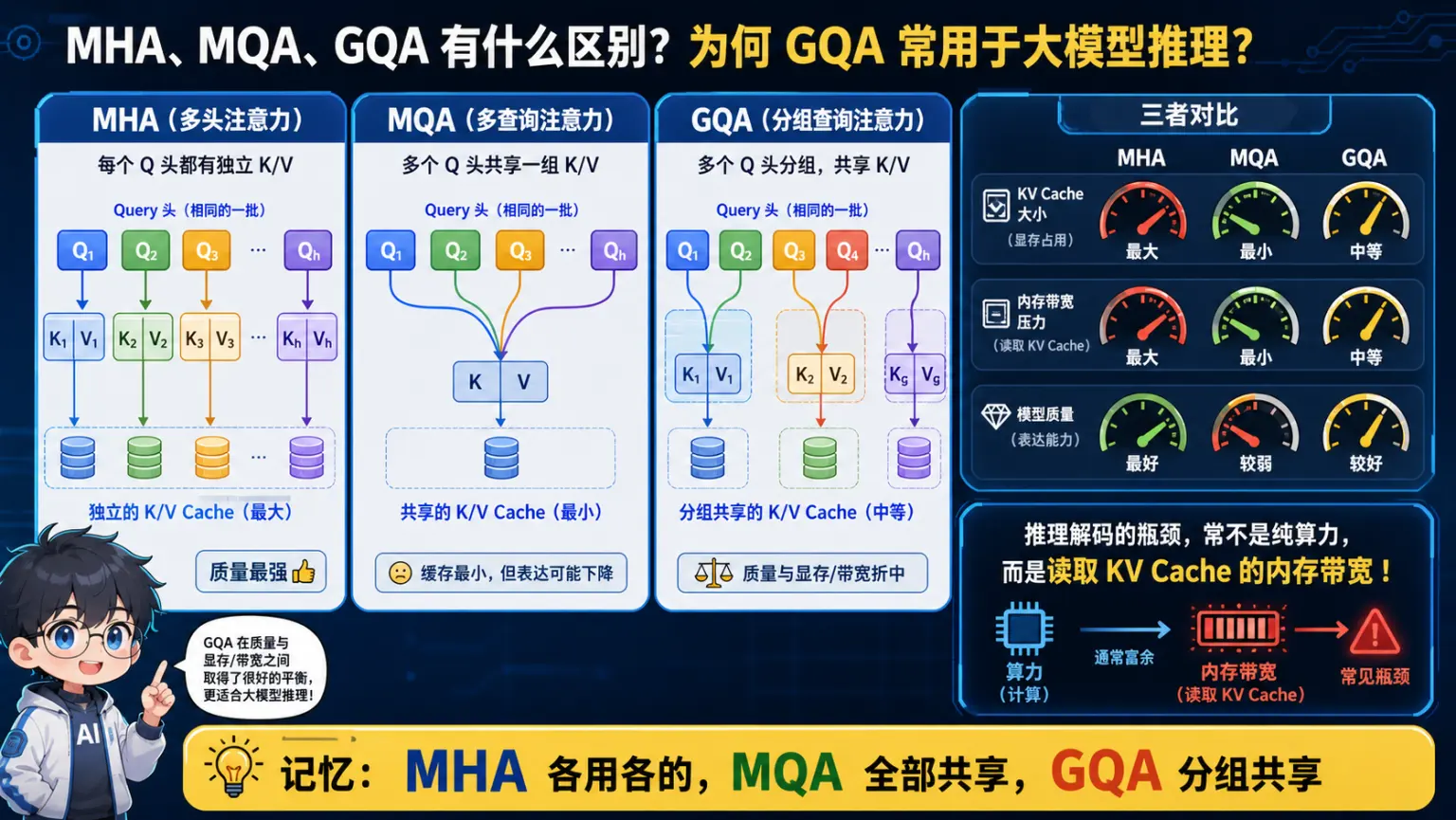 MHA独立KVMQA全共享GQA分组共享及KVCache取舍图解