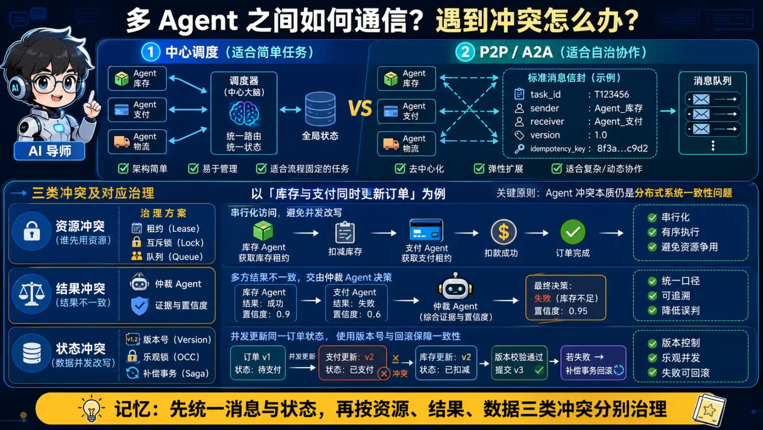 多Agent中心调度与A2A通信以及资源结果状态冲突治理图解
