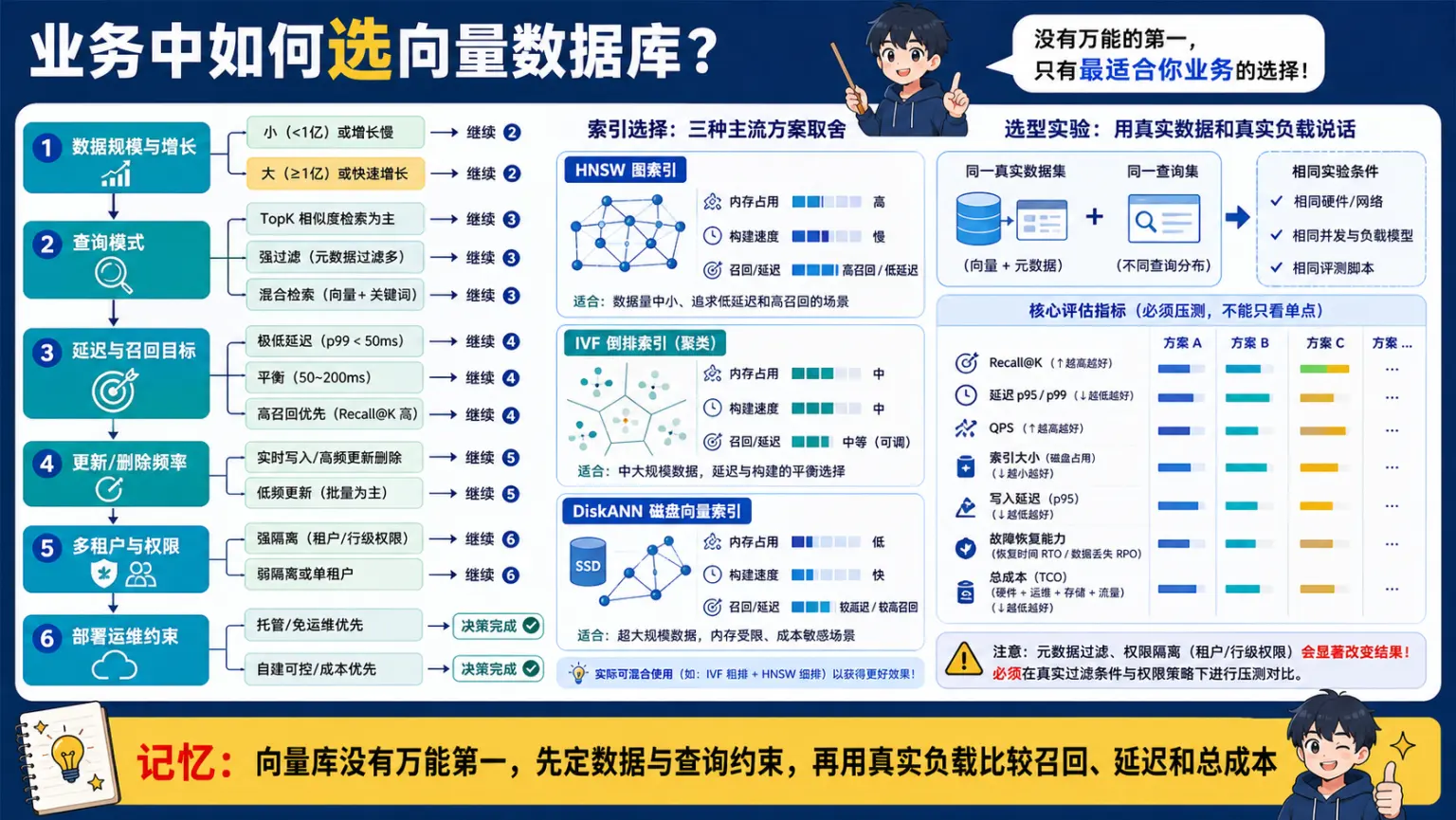向量数据库按数据查询约束与真实负载比较召回延迟成本的选型图解