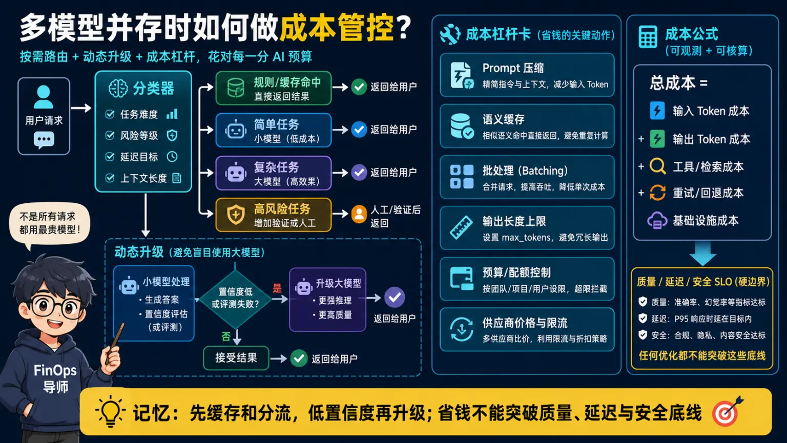 多模型按需路由动态升级缓存压缩与质量延迟安全底线成本治理图解
